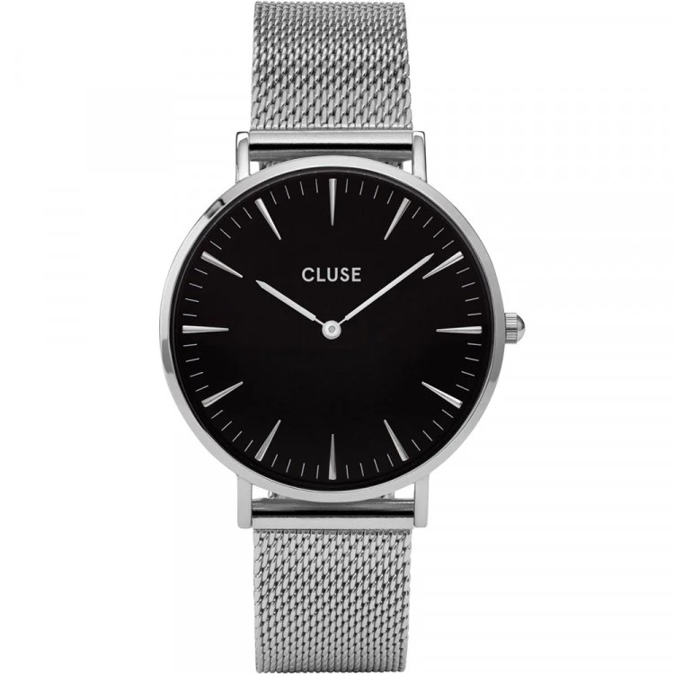 CW0101201004 שעון אופנתי קלאסי ואלגנטי לנשים של קלוז'; | דגם ברצועת רשת כסופה עם לוח שחור | שנתיים אחריות יבואן רשמי | מלאי מוגבל | Cluse Boho Chic 38mm Steel Black Mesh CW0101201004