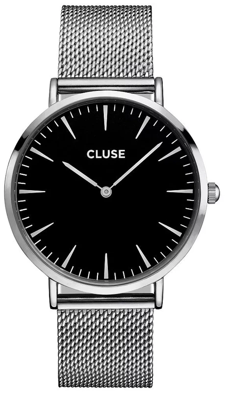 CW0101201004 שעון אופנתי קלאסי ואלגנטי לנשים של קלוז'; | דגם ברצועת רשת כסופה עם לוח שחור | שנתיים אחריות יבואן רשמי | מלאי מוגבל | Cluse Boho Chic 38mm Steel Black Mesh CW0101201004