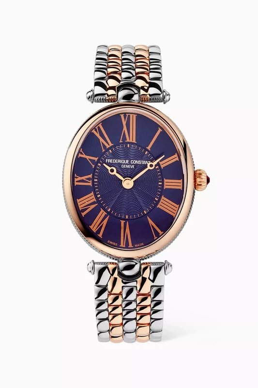 FC-200NMPW2V2B שעון מושלם לאישה של פרדריק קונסטנט שוויץ | דגם אובלי משולב זהב רוז בלוח כחול רומי מיוחד| מלאי מוגבל | שנתיים אחריות יבואן רשמי | Frederique Constant Art D?co Oval Two Tone Watch