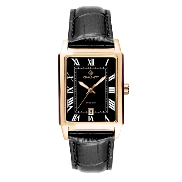 G197004 שעון גאנט יבואן רשמי | דגם זהב לגברים בלוח שחור רומי מיוחד | דגם אלגנטי עם רצועת עור שחורה | שנתיים אחריות | Men';s Watch GANT Staten Black Leather Strap G197004