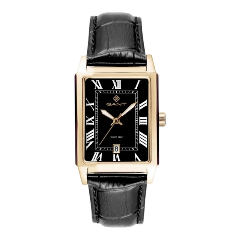 G197004 שעון גאנט יבואן רשמי | דגם זהב לגברים בלוח שחור רומי מיוחד | דגם אלגנטי עם רצועת עור שחורה | שנתיים אחריות | Men';s Watch GANT Staten Black Leather Strap G197004