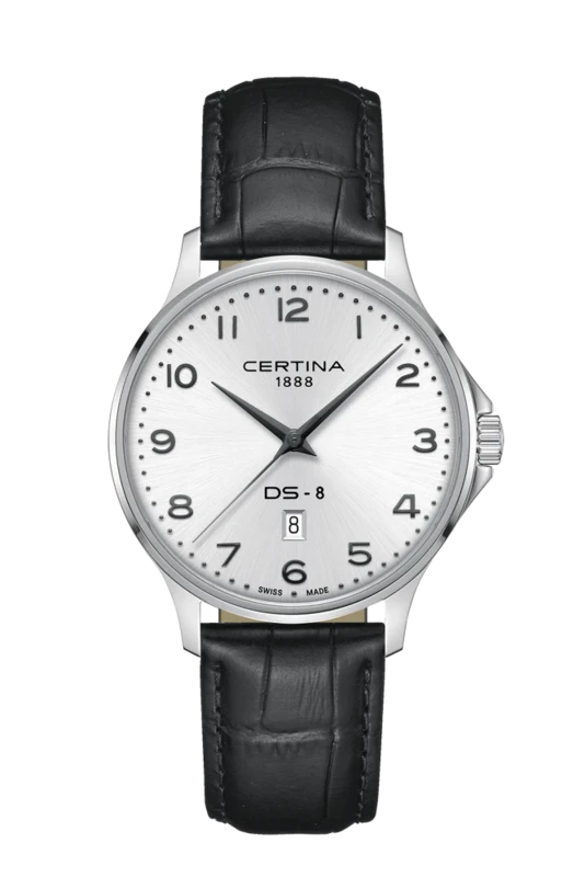C045.410.16.032.00 שעון סרטינה דגם חדש לגברים די אס 8 | דגם אלגנטי בלוח כסוף מספרים כולל תאריכון | רצועת עור שחורה | 5 שנים אחריות יבואן רשמי | Certina DS-8 Gent 40 mm C0454101603200