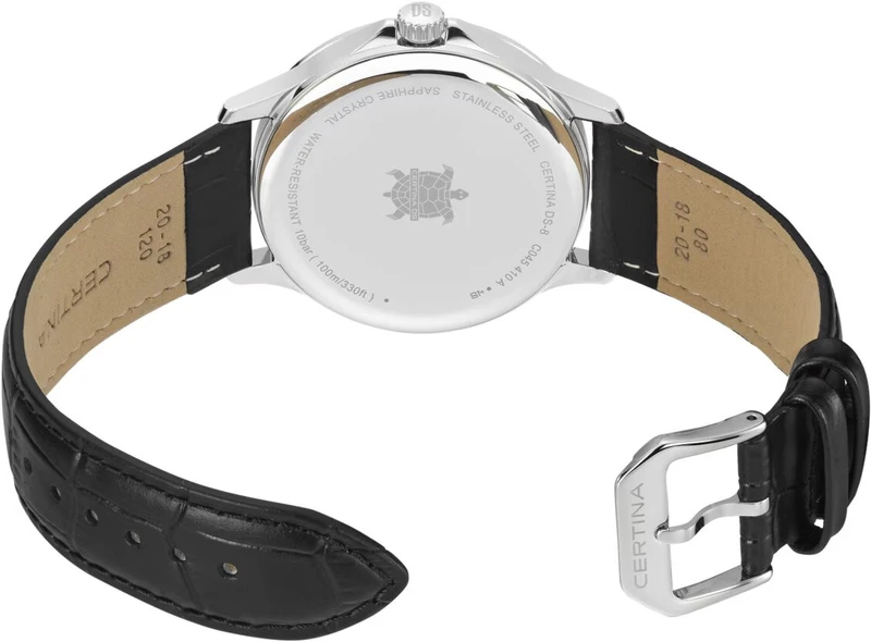 C045.410.16.032.00 שעון סרטינה דגם חדש לגברים די אס 8 | דגם אלגנטי בלוח כסוף מספרים כולל תאריכון | רצועת עור שחורה | 5 שנים אחריות יבואן רשמי | Certina DS-8 Gent 40 mm C0454101603200