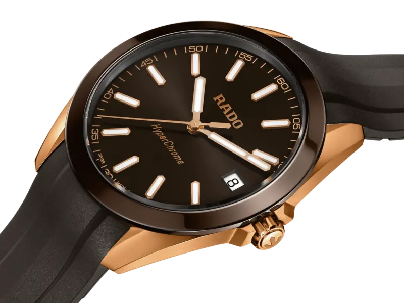 R62813130 | R32281309 שעון ראדו יבואן רשמי לגברים | דגם חדש מסדרת הייפרכרום | דגם ספורט אלגנטי ברצועת סיליקון חומה | לוח חום זרחני | Rado Hyperchrome Brown Dial Rubber Strap Watch R32281309