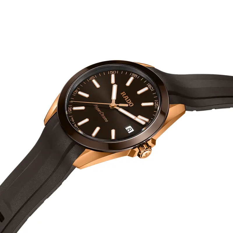 R62813130 | R32281309 שעון ראדו יבואן רשמי לגברים | דגם חדש מסדרת הייפרכרום | דגם ספורט אלגנטי ברצועת סיליקון חומה | לוח חום זרחני | Rado Hyperchrome Brown Dial Rubber Strap Watch R32281309