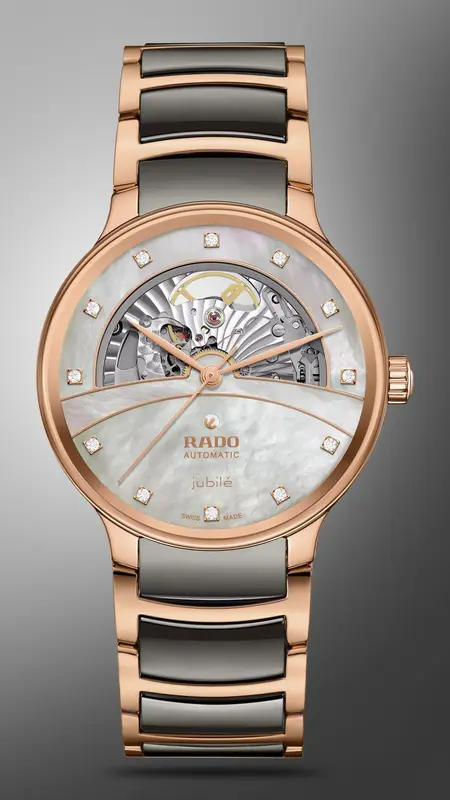 R-60283091 | R30028912 שעון ראדו יבואן רשמי לגברים מסדרת סנטריקס רוז גולד | דגם קרמיקה אוטומטי סקלטון | לוח פנינה משובץ 12 יהלומים | 5 שנים אחריות | Rado Centrix Automatic Diamonds Open Heart R3002891