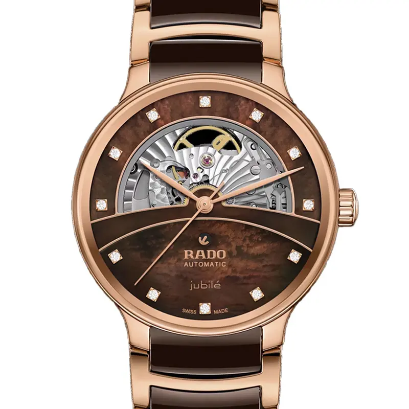 R-60283090 | R30028902 | ראדו יבואן רשמי בישראל | דגם סנטריקס סקלטון לגברים | אוטומטי עם 12 יהלומים בלוח פנינה חום | רוז גולד עם קרמיקה חומה | Centrix Automatic Diamonds Open Heart RADO R30028902