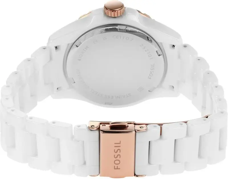CE1107 שעון פוסיל חדש לנשים | דגם קרמיקה לבנה | באזל זהב רוז בלוח לבן קריסטלים | מלאי מוגבל | שנתיים אחריות | Women';s White Ceramic Fossil Watch Fossil FB-01 CE1107