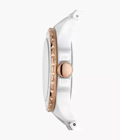 CE1107 שעון פוסיל חדש לנשים | דגם קרמיקה לבנה | באזל זהב רוז בלוח לבן קריסטלים | מלאי מוגבל | שנתיים אחריות | Women';s White Ceramic Fossil Watch Fossil FB-01 CE1107