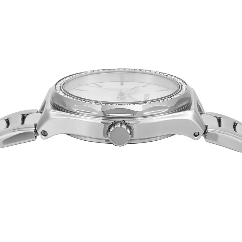 BQ3954 שעון פוסיל חדש לנשים | דגם כסוף בלוח לבן | משובץ זרקונים בבאזל | שעוני אופנה לאישה | שנתיים אחריות | Eevie Three-Hand Date Stainless Steel Watch - BQ3954