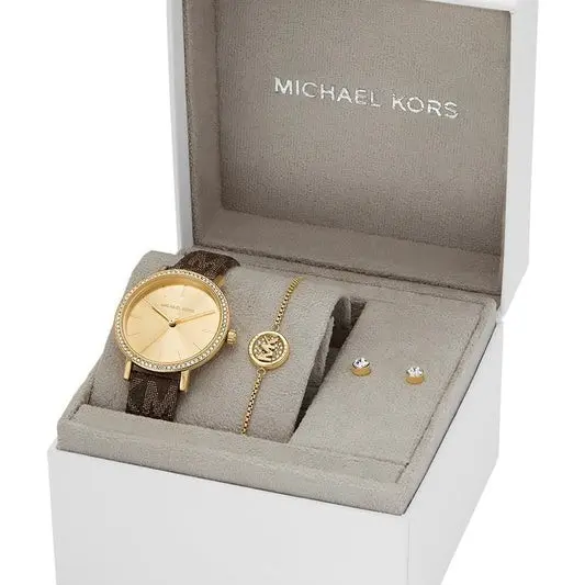 MKO9001SET שעון מייקל קורס לאישה | מארז מיוחד הכולל צמיד ועגילים תואמים | רצועת עור ממותגת |באזל משובץ אבנים | מלאי מוגבל | שנתיים אחריות | Michael Kors MKO9001SET Addyson Gift Set