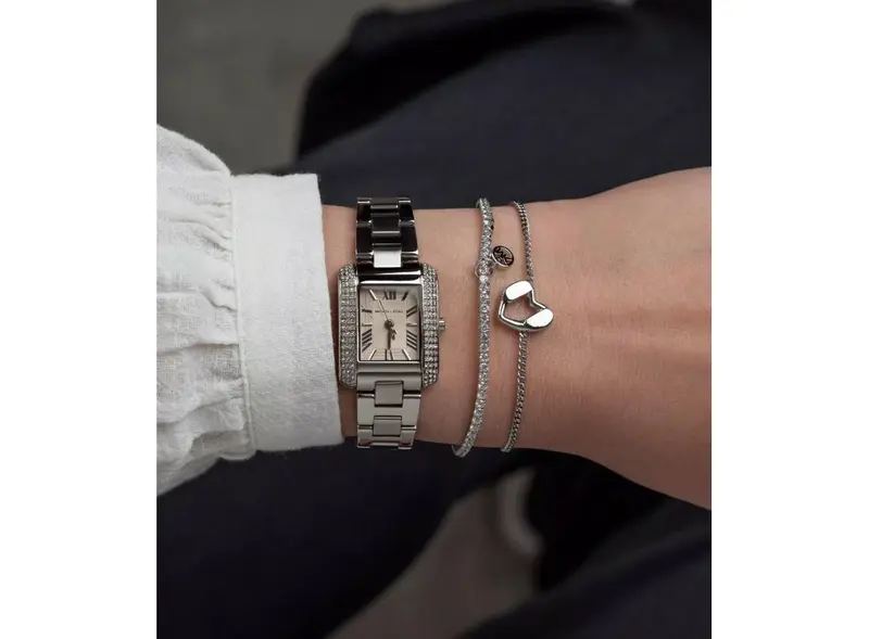 MK7514SET שעון מייקל קורס לנשים | דגם מלבני משובץ | סט מתנה כולל 2 צמידים | לוח ורוד עדין רומי | מלאי מוגבל | שנתיים אחריות | Mini Emery Silver-Tone Watch and Bracelet Gift Set MK7514SET