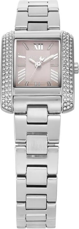 MK7514SET שעון מייקל קורס לנשים | דגם מלבני משובץ | סט מתנה כולל 2 צמידים | לוח ורוד עדין רומי | מלאי מוגבל | שנתיים אחריות | Mini Emery Silver-Tone Watch and Bracelet Gift Set MK7514SET
