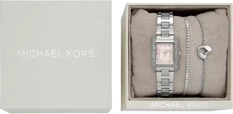 MK7514SET שעון מייקל קורס לנשים | דגם מלבני משובץ | סט מתנה כולל 2 צמידים | לוח ורוד עדין רומי | מלאי מוגבל | שנתיים אחריות | Mini Emery Silver-Tone Watch and Bracelet Gift Set MK7514SET