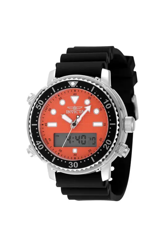 48368 שעון ספורטיבי דיגיטלי אנלוגי של אינווקטה לגבר | לוח כתום מיוחד ברצועת סיליקון | שעון מעורר - תאורה - 2 שעוני זמן ועוד | שנתיים אחריות | Invicta Men';s Pro Diver 46mm Digital Chronograph 48368