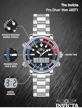 49450 שעון יקור אנלוגי דיגיטלי של אינווקטה | דגם גדול ספורטיבי ברצועת ספורט | כולל שעון מעורר תאורה ועוד | Invicta Men';s Pro Diver 46mm Digital Chronograph 49450 Watch
