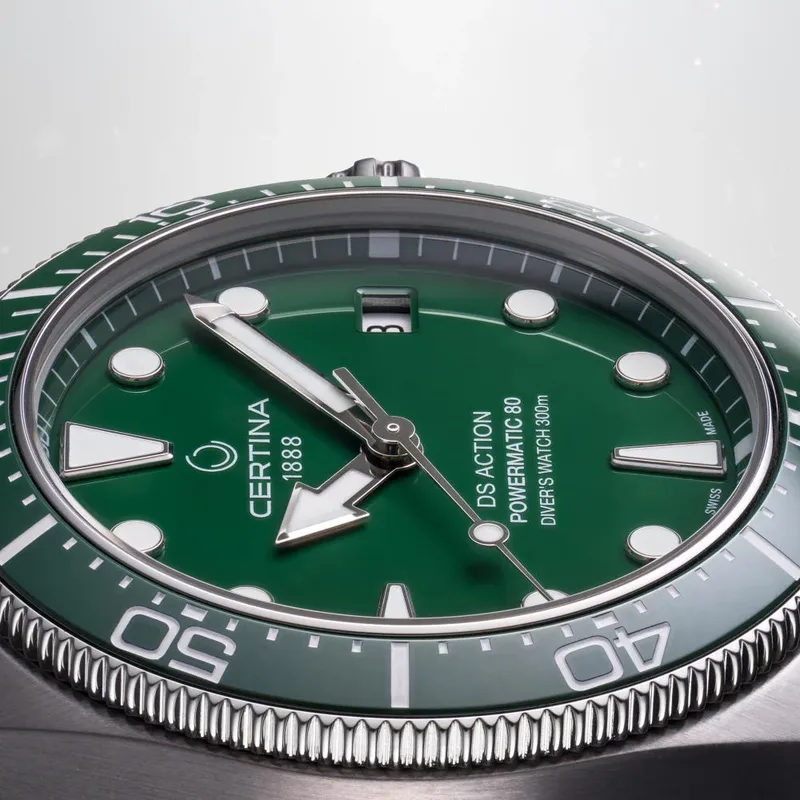 C048.807.11.091.00 שעון חדש של סרטינה מסדרת די אס אקשן | לוח ירוק עם באזל ירוק קרמי | מנגנון 80 שעות הדגם החדש | 5 שנים אחריות יבואן רשמי | Certina Ds Action Diver Powermatic 80 C0488071109100