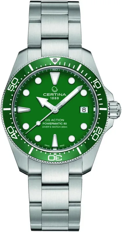 C048.807.11.091.00 שעון חדש של סרטינה מסדרת די אס אקשן | לוח ירוק עם באזל ירוק קרמי | מנגנון 80 שעות הדגם החדש | 5 שנים אחריות יבואן רשמי | Certina Ds Action Diver Powermatic 80 C0488071109100