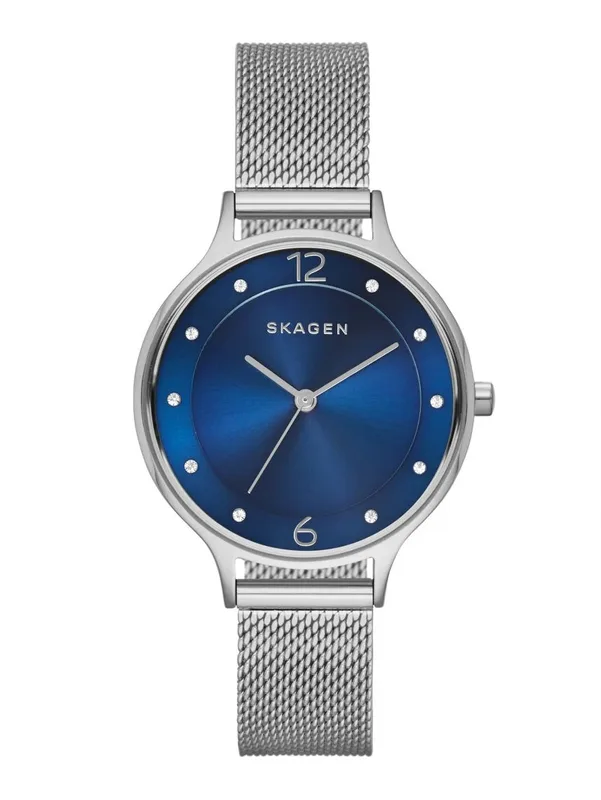 SKW2307 שעון יד סקאגן לאישה | דגם מיוחד בלוח כחול כולל 12 זרקונים בלוח | רצועת רשת אופנתית ונוחה | שנתיים אחריות יבואן רשמי | Skagen Stainless Steel Mesh SKW2307 watch
