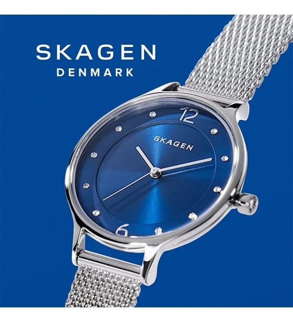 SKW2307 שעון יד סקאגן לאישה | דגם מיוחד בלוח כחול כולל 12 זרקונים בלוח | רצועת רשת אופנתית ונוחה | שנתיים אחריות יבואן רשמי | Skagen Stainless Steel Mesh SKW2307 watch