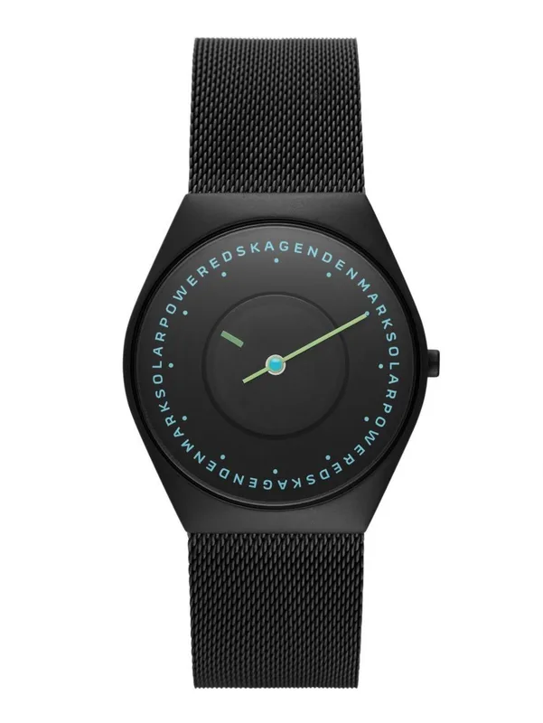 SKW6874 שעון סולארי של סקאגן לגברים | דגם אופנתי בלוח מרשים ומיוחד | רצועת רשת וקייס מושחרים | שנתיים אחריות יבואן רשמי | Skagen Grenen Solar Powered SKW6874 men';s watch