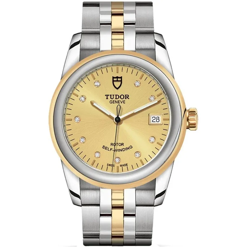 M55003-0006 שעון יד טודור יד 2 כמו חדש | דגם 36 מ';';מ יוניסקס | לוח זהב משובץ יהלומים | רצועה ובאזל זהב 18K | מגיע עם תעודת קופסא ואחריות | Tudor Glamour Date M55003-0006