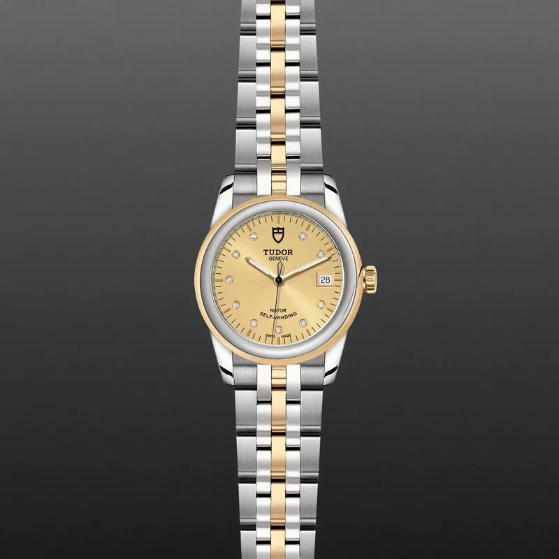 M55003-0006 שעון יד טודור יד 2 כמו חדש | דגם 36 מ';';מ יוניסקס | לוח זהב משובץ יהלומים | רצועה ובאזל זהב 18K | מגיע עם תעודת קופסא ואחריות | Tudor Glamour Date M55003-0006