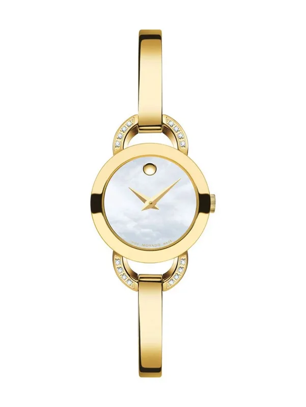 0606889 שעון יוקרתי לאשיה של מובאדו בעצוב צמיד קשיח זהב | לוח לבן פנינה | 16 יהלומים בבאזל | שנתיים אחריות יבואן רשמי | Movado Ladies Rondiro Diamond Watch 0606889, Gold