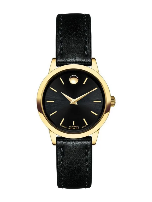 0606925 שעון יד מובאדו אוטומטי לאישה | שעון יוקרתי אגנטי ברצועת עור | באזל זהב עם חלון אחורי שקוף | מלאי מוגבל | שנתיים אחריות יבואן רשמי | 1881 Automatic Black Dial Gold PVD Ladies Watch 0606925