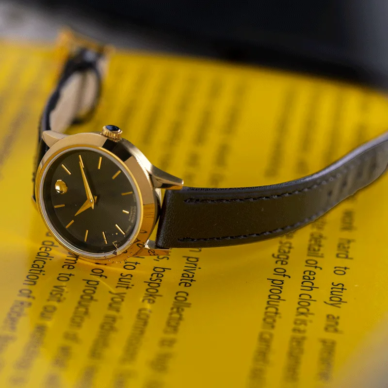0606925 שעון יד מובאדו אוטומטי לאישה | שעון יוקרתי אגנטי ברצועת עור | באזל זהב עם חלון אחורי שקוף | מלאי מוגבל | שנתיים אחריות יבואן רשמי | 1881 Automatic Black Dial Gold PVD Ladies Watch 0606925