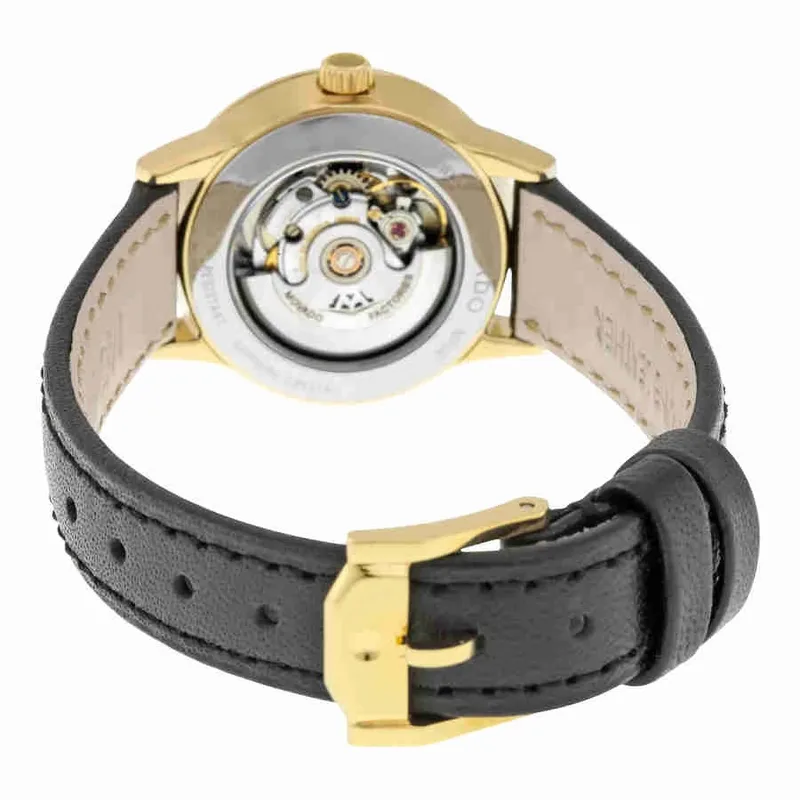 0606925 שעון יד מובאדו אוטומטי לאישה | שעון יוקרתי אגנטי ברצועת עור | באזל זהב עם חלון אחורי שקוף | מלאי מוגבל | שנתיים אחריות יבואן רשמי | 1881 Automatic Black Dial Gold PVD Ladies Watch 0606925