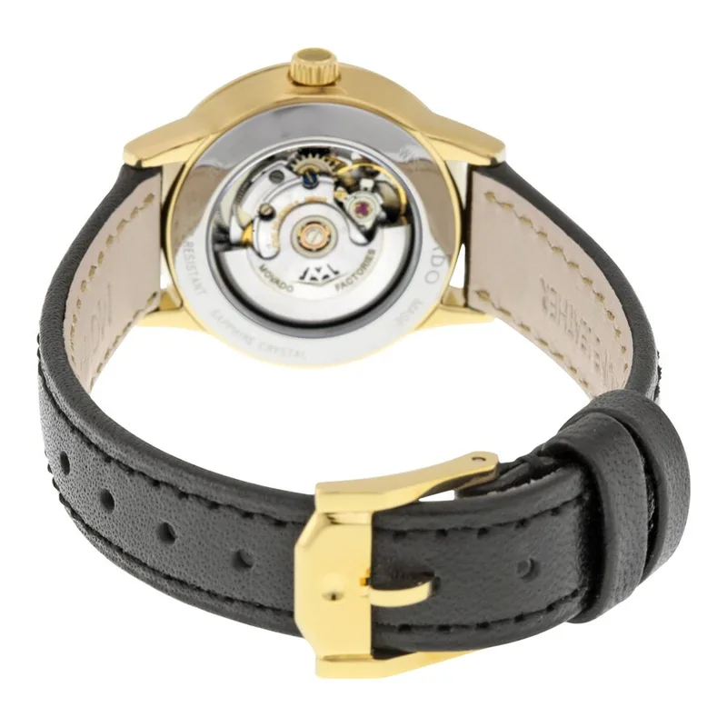 0606925 שעון יד מובאדו אוטומטי לאישה | שעון יוקרתי אגנטי ברצועת עור | באזל זהב עם חלון אחורי שקוף | מלאי מוגבל | שנתיים אחריות יבואן רשמי | 1881 Automatic Black Dial Gold PVD Ladies Watch 0606925