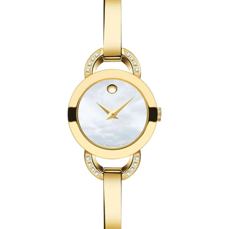 0606889 שעון יוקרתי לאשיה של מובאדו בעצוב צמיד קשיח זהב | לוח לבן פנינה | 16 יהלומים בבאזל | שנתיים אחריות יבואן רשמי | Movado Ladies Rondiro Diamond Watch 0606889, Gold
