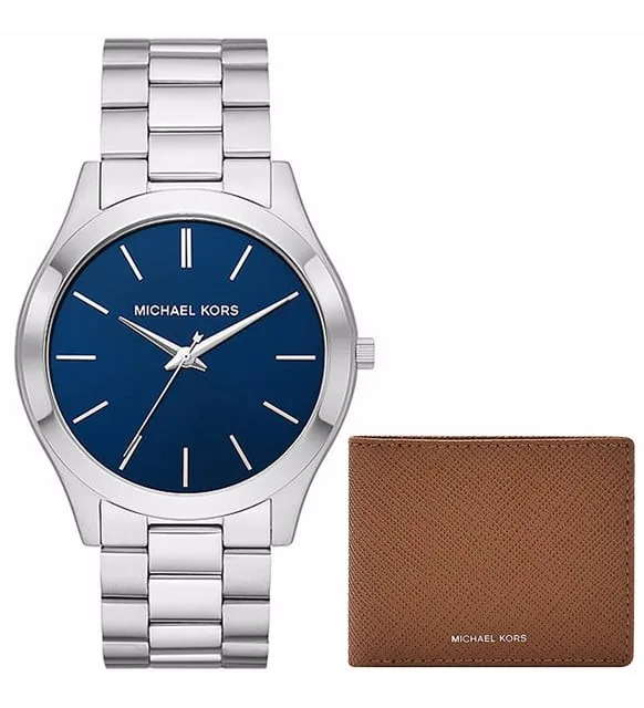 MK1060SET שעון מייקל קורס יבואן רשמי לגברים | דגם לגברים במארז מתנה כולל ארנק | לוח כחול פסים עם שנתיים אחריות פלאנט | Michael Kors MK1060SET Mens Slim Runway Watch