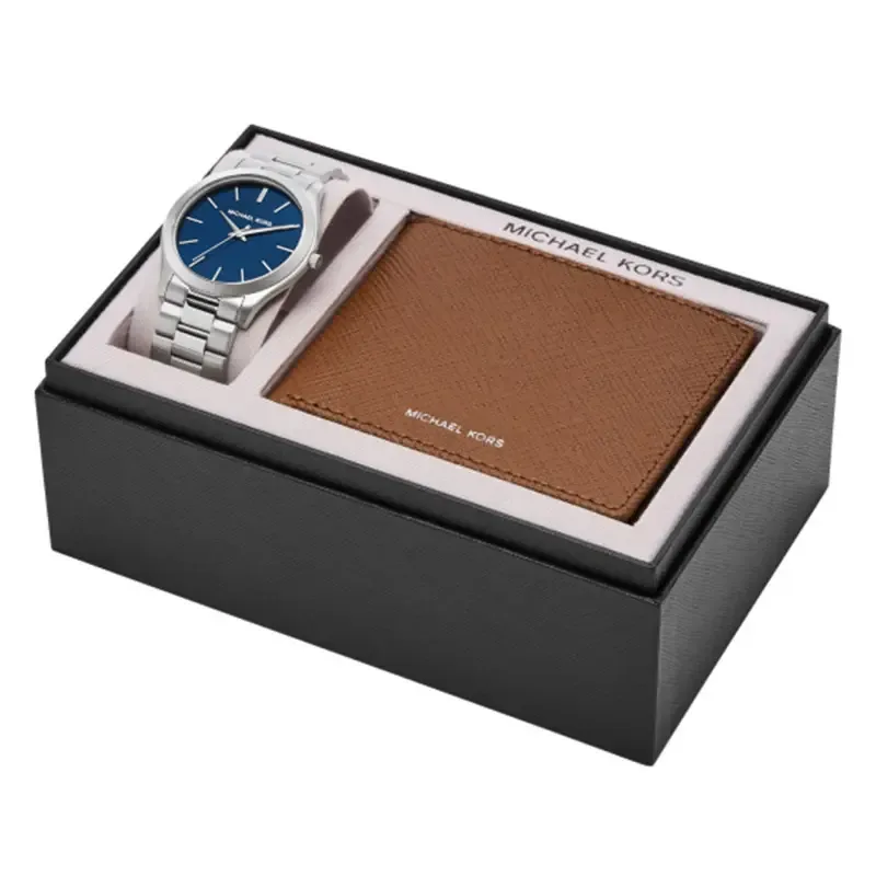 MK1060SET שעון מייקל קורס יבואן רשמי לגברים | דגם לגברים במארז מתנה כולל ארנק | לוח כחול פסים עם שנתיים אחריות פלאנט | Michael Kors MK1060SET Mens Slim Runway Watch