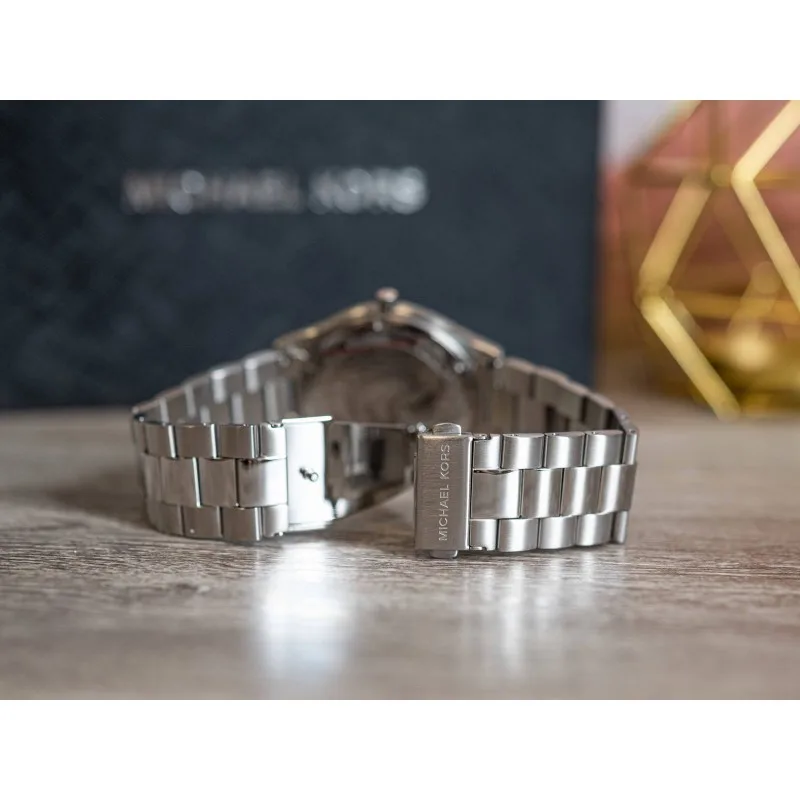 MK1060SET שעון מייקל קורס יבואן רשמי לגברים | דגם לגברים במארז מתנה כולל ארנק | לוח כחול פסים עם שנתיים אחריות פלאנט | Michael Kors MK1060SET Mens Slim Runway Watch