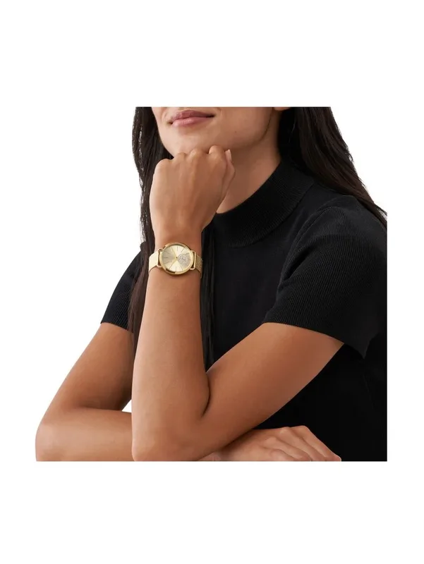 MK3844 שעון מייקל קורס יבואן רשמי | דגם זהב לאישה | לוח פסים עם שעון שניות קטן משובץ קריסטלים| רצועת רשת אופנתית | שנתיים אחריות פלאנט טיים | Michael Kors Watch For Women MK3844 With Gold Dial