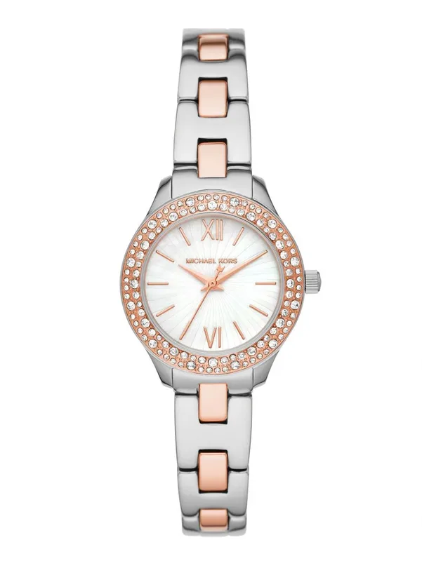 MK4559 שעון מייקל קורס לאישה יבואן רשמי | דגם חדש משולב זהב רוז | מובץ זרקונים | לוח לבן פנינה פסים | שנתיים אחריות פלאנט טיים | Michael Kors Ladies Watch Liliane MK4559