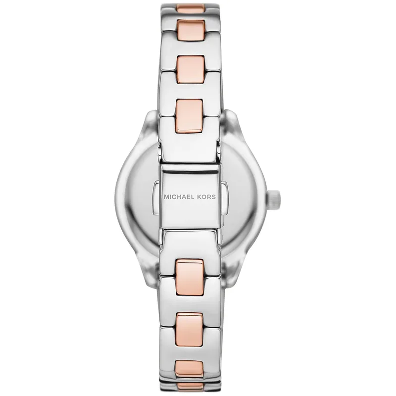 MK4559 שעון מייקל קורס לאישה יבואן רשמי | דגם חדש משולב זהב רוז | מובץ זרקונים | לוח לבן פנינה פסים | שנתיים אחריות פלאנט טיים | Michael Kors Ladies Watch Liliane MK4559