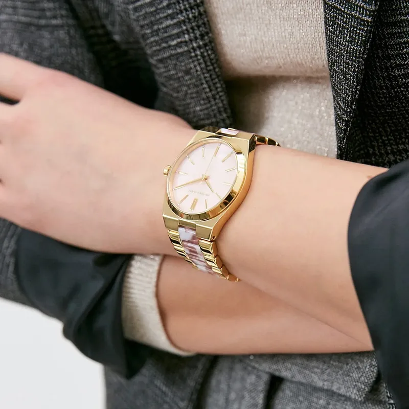 MK6650 שעון מייקל קורס יבואן רשמי | דגם לאישה חדש בלוח פנינה ורוד משובץ קריסטלים | רצועה משולבת בצבע ורוד | שנתיים אחריות פלאנט טיים | Michael Kors Channing Mk6650 Quartz Analog Women';s