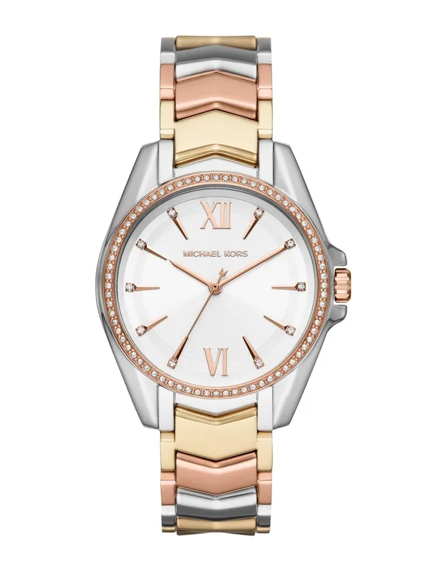 MK6686 שעון מייקל קורס יבואן רשמי | דגם חדש לאישה ברצועת פלדה משולבת 3 צבעים | לוח לבן מהמם | דגם קריסטלים| שנתיים אחריות פלאנט | מלאי מוגבל | Whitney Crystal White Sunray Dial Ladies Watch MK6686