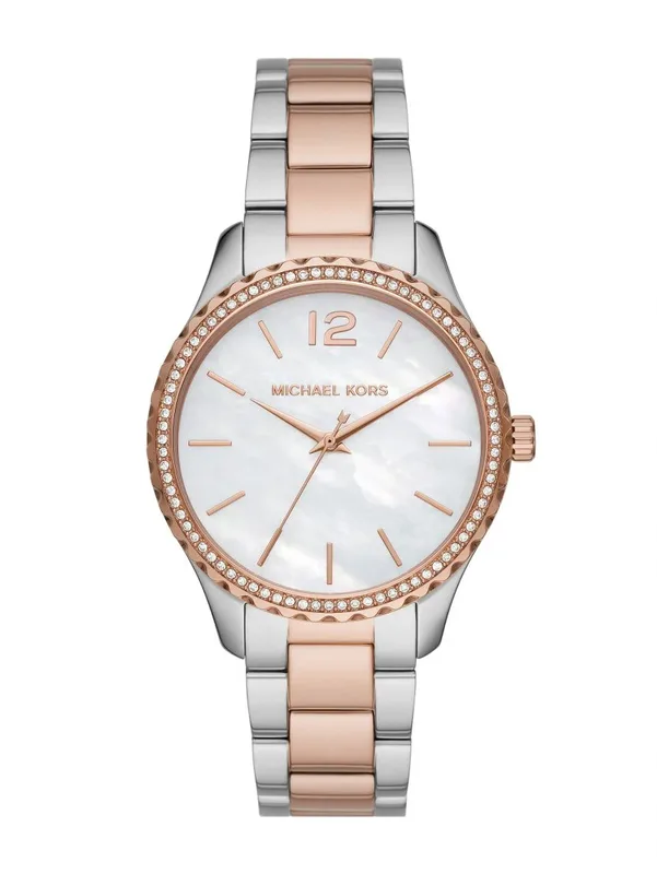 MK6849 מייקל קורס יבואן רשמי לאישה | דגם חדש בלוח לבן | שעון גדול משולב זהב רוז | באזל זרקונים | שנתיים אחירות פלאנט טיים | Original Michael Kors Watch For Women Layton MK6849
