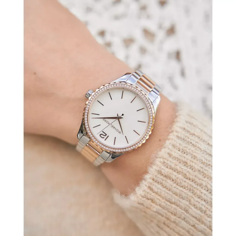 MK6849 מייקל קורס יבואן רשמי לאישה | דגם חדש בלוח לבן | שעון גדול משולב זהב רוז | באזל זרקונים | שנתיים אחירות פלאנט טיים | Original Michael Kors Watch For Women Layton MK6849