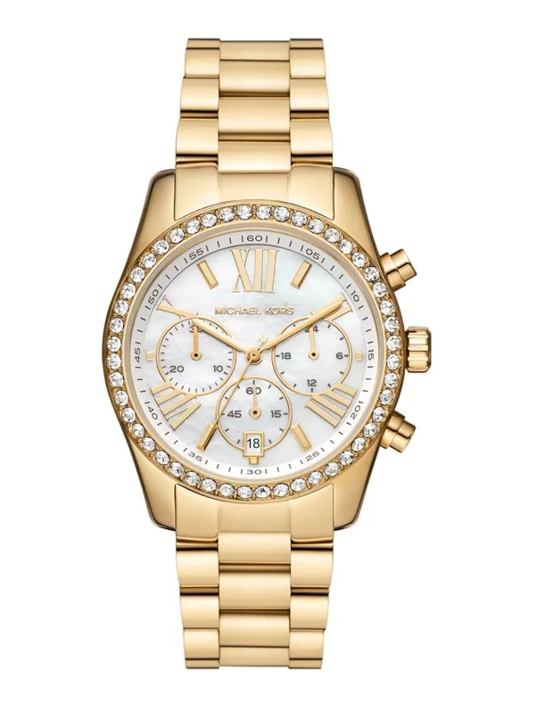 MK7241 שעון מייקל קורס יבואן רשמי | דגם זהב משובץ זרקונים בלוח פנינה לבן רומי | כרונוגרף | שנתיים אחריות פלאנט טיים | Michael Kors Lexington Round Dial Women - MK7241