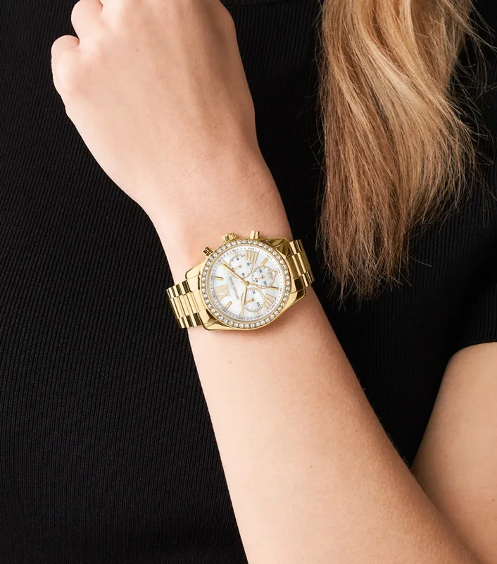 MK7241 שעון מייקל קורס יבואן רשמי | דגם זהב משובץ זרקונים בלוח פנינה לבן רומי | כרונוגרף | שנתיים אחריות פלאנט טיים | Michael Kors Lexington Round Dial Women - MK7241