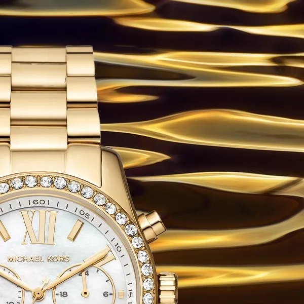MK7241 שעון מייקל קורס יבואן רשמי | דגם זהב משובץ זרקונים בלוח פנינה לבן רומי | כרונוגרף | שנתיים אחריות פלאנט טיים | Michael Kors Lexington Round Dial Women - MK7241