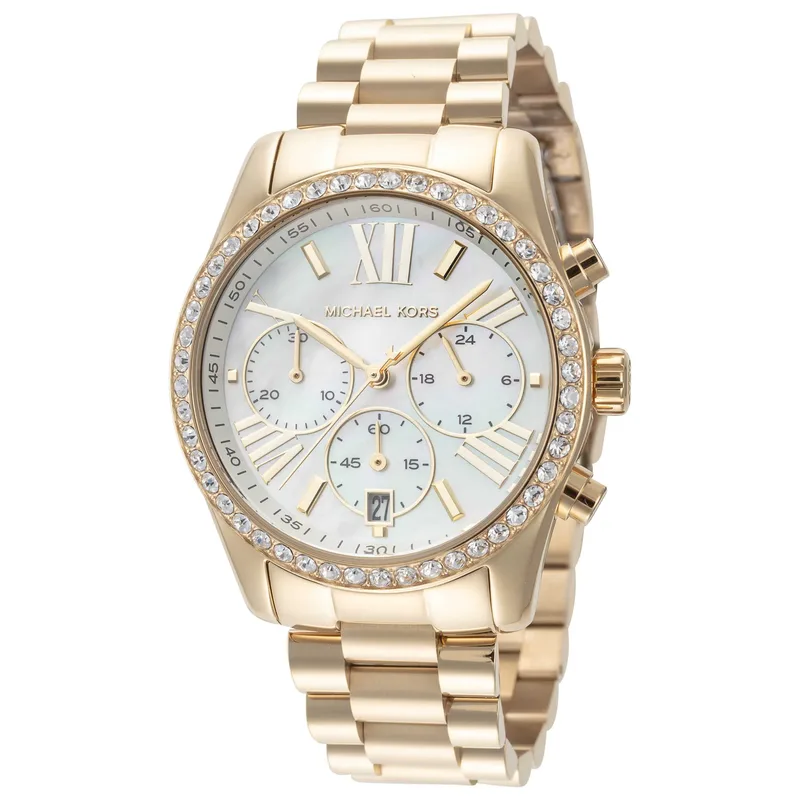 MK7241 שעון מייקל קורס יבואן רשמי | דגם זהב משובץ זרקונים בלוח פנינה לבן רומי | כרונוגרף | שנתיים אחריות פלאנט טיים | Michael Kors Lexington Round Dial Women - MK7241