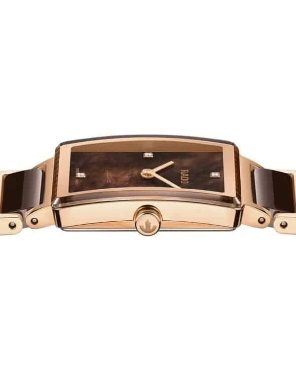 R-62513091 | R20251912 שעון ראדו יבואן רשמי חדש לאישה לשנת 2026 | דגם מסדרת אינטגרל | רוז גולד בקרמיקה חומה בלוח פנינה חום משובץ 4 יהלומים | מלאי מוגבל | RADO NEW Integral Quartz Women 23 mm R20251912