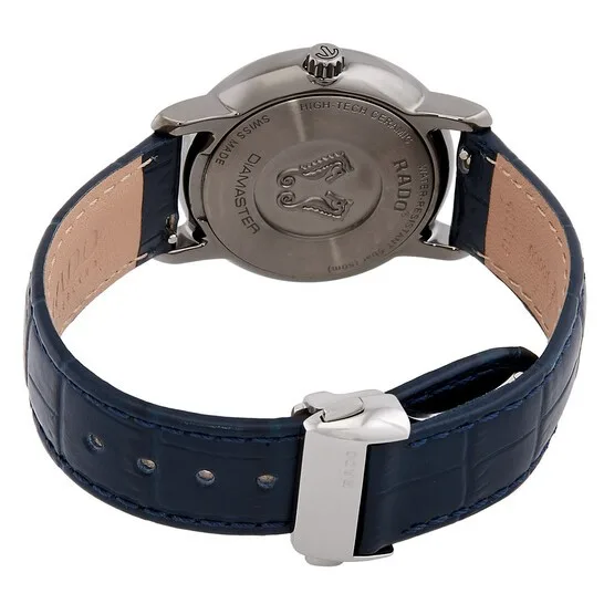 R14064725 שעון ראדו מיוחד לנשים ברצועת עור | דגם קרמיקה | רצועה חולה בלוח כחול פסים מהמם עם שיבוץ של 24 יהלומים | שנתיים אחריות | מלאי מוגבל | Rado R14064725 DiaMaster Diamonds Blue Ladies Watch