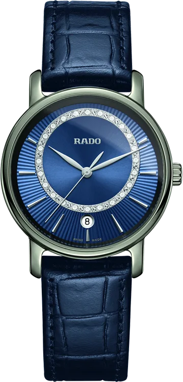 R14064725 שעון ראדו מיוחד לנשים ברצועת עור | דגם קרמיקה | רצועה חולה בלוח כחול פסים מהמם עם שיבוץ של 24 יהלומים | שנתיים אחריות | מלאי מוגבל | Rado R14064725 DiaMaster Diamonds Blue Ladies Watch